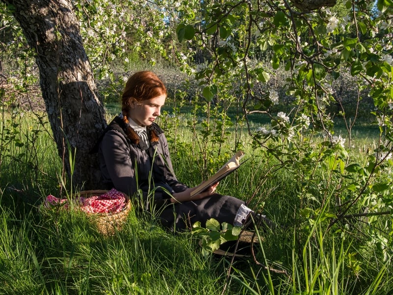 Exterior shot of Anne of Green Gables sitting in grass reading a book